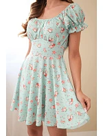 Dámské šaty s květinovým vzorem, nabíraným rukávem a elastickým pasem mentolová Dámské šaty s květinovým vzorem, nabíraným rukávem a elastickým pasem mentolová