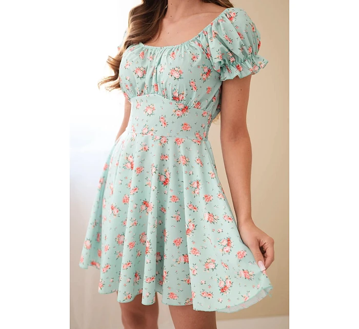 Dámské šaty s květinovým vzorem, nabíraným rukávem a elastickým pasem mentolová Dámské šaty s květinovým vzorem, nabíraným rukávem a elastickým pasem mentolová