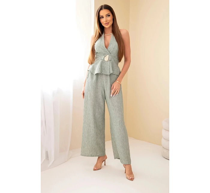 Dámský viskózový komplet – model 22079421 top a kalhoty se širokými nohavicemi khaki - K-Fashion