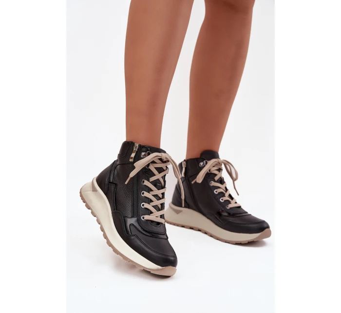 Sportovní dámské boty na platformě z přírodní kůže model 21713749 Černé - Zazoo Sportovní dámské boty na platformě z přírodní kůže model 21713749 Černé - Zazoo