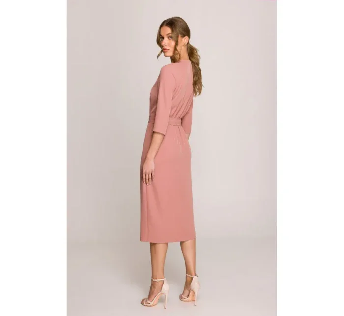 S396 Šaty se zavinovacími detaily ve střední délce - růžové