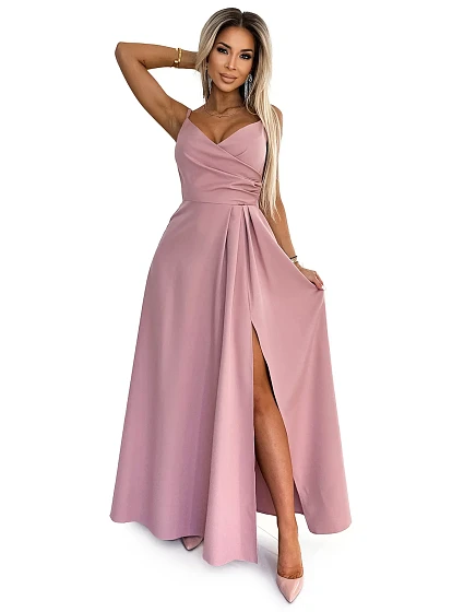 CHIARA Elegantní dlouhé dámské maxi šaty na ramínkách ve špinavě růžové barvě model 20119792 - numoco