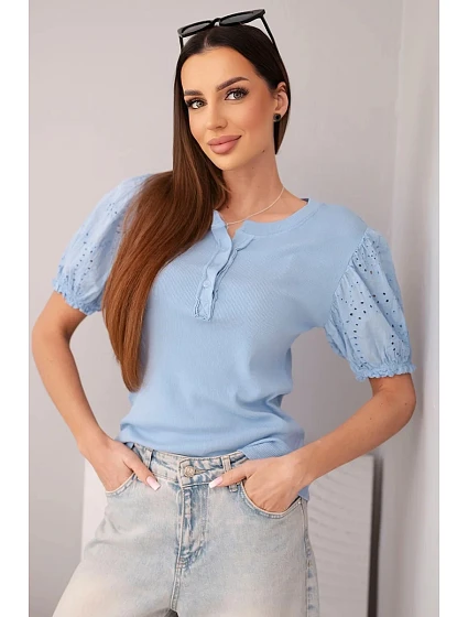 Dámská bavlněná žebrovaná halenka s rukávem a modrá model 22045173 - K-Fashion