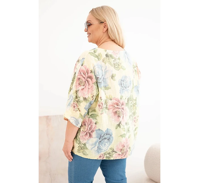 Dámská bavlněná halenka Plus Size s krátkým rukávem a květinovým vzorem žlutá
