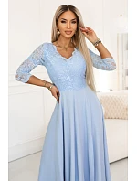 model 22040386 AMBER elegantní dlouhé krajkové šaty s výstřihem modré - numoco