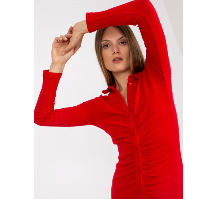 Základní červené žebrované šaty s knoflíky RUE PARIS