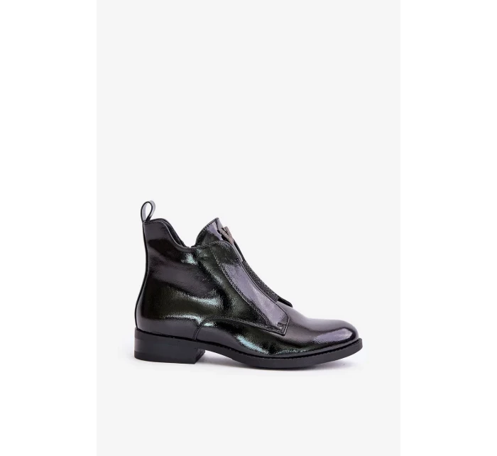 Lakované Nízké Dámské Kotníkové Boty Na Plochém Podpatku Zateplené Černé S.Barski Černé Lakované Nízké Dámské Kotníkové Boty Na Plochém Podpatku Zateplené Černé S.Barski Černé