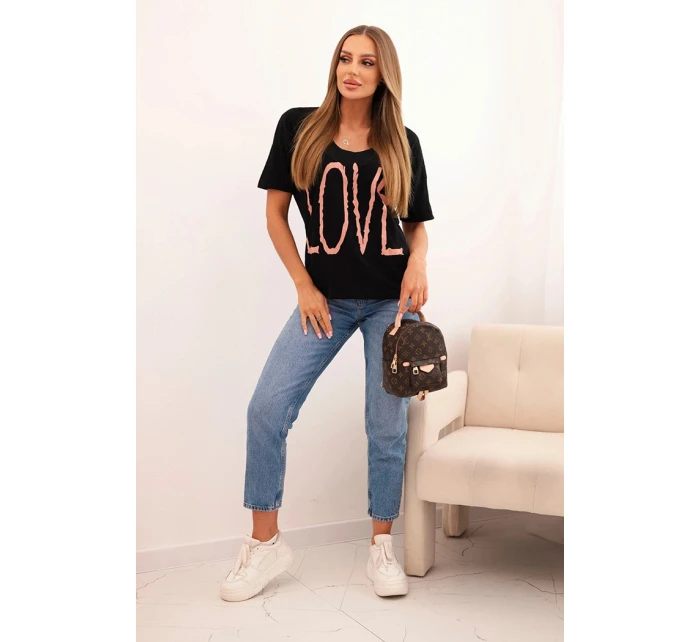 Dámská bavlněná blůza s výstřihem do V a potiskem LOVE černá