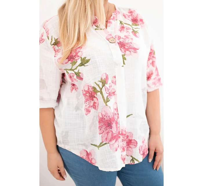 Dámská bavlněná halenka Plus Size s výstřihem do V s květinovým vzorem bílá