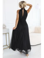 636-3 VERONICA luxusní dlouhé šaty s brokátovým akcentem a elegantním střihem - černé