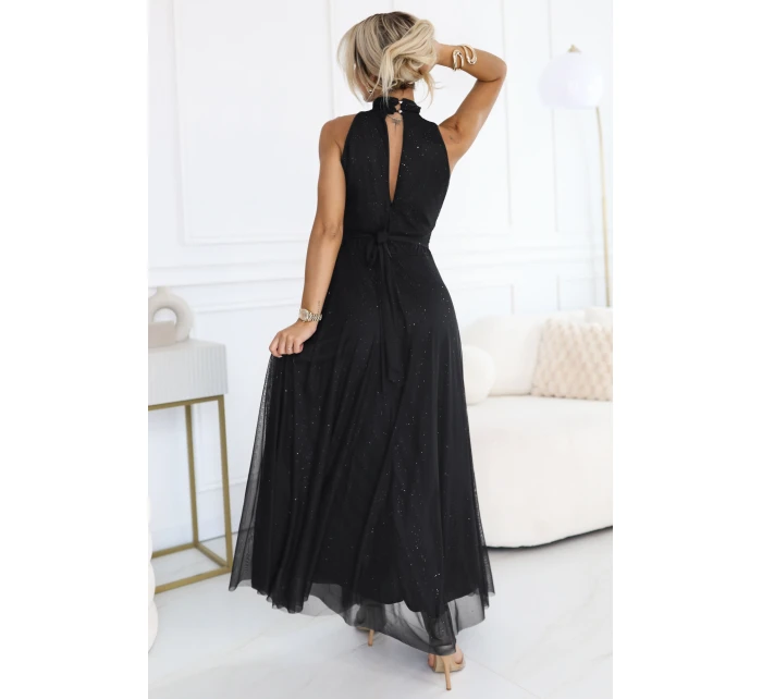 636-3 VERONICA luxusní dlouhé šaty s brokátovým akcentem a elegantním střihem - černé
