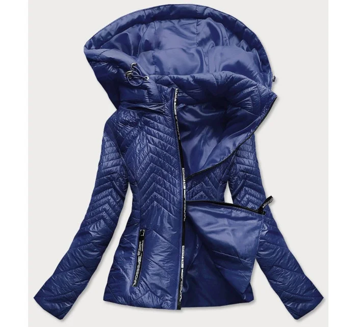 Tmavě modrá krátká dámská prošívaná bunda s kapucí (B9566) Tmavě modrá krátká dámská prošívaná bunda s kapucí (B9566)