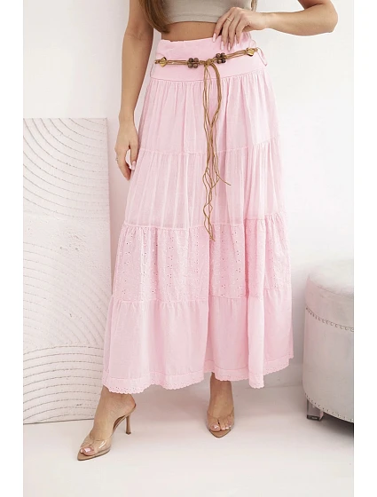 Dámská maxi bavlněná sukně s ažurovou výšivkou a elastickým pasem cukrově růžová