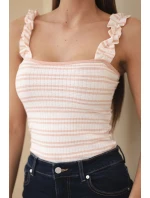 Dámská žebrovaná pruhovaná halenka na ramínkách s volánkem pudrově růžová