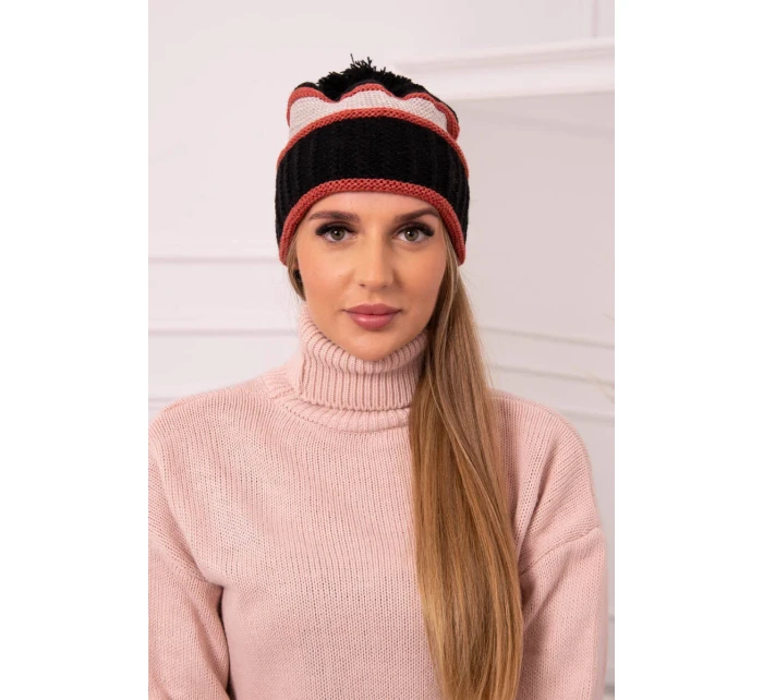Dámská čepice Kinga K297 černá+tmavě růžová+béžová