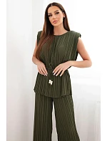 Dámský viskózový komplet s halenkou a širokými kalhotami khaki model 22048843 - K-Fashion