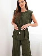 Dámský viskózový plisovaný komplet s vázací halenkou a širokými kalhotami khaki