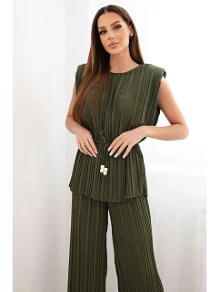 Dámský viskózový komplet s halenkou a širokými kalhotami khaki model 22048843 - K-Fashion