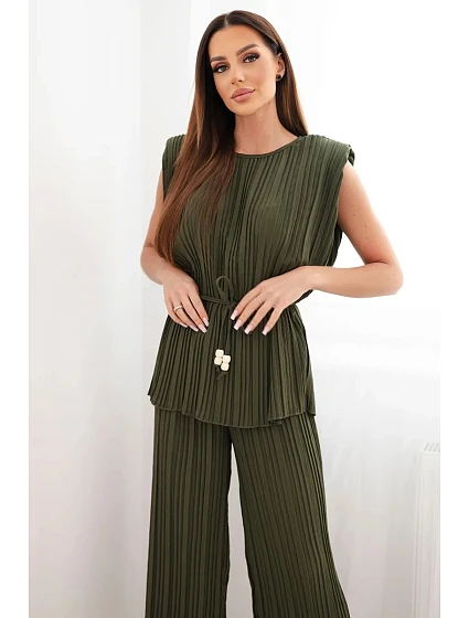 Dámský viskózový komplet s halenkou a širokými kalhotami khaki model 22048843 - K-Fashion