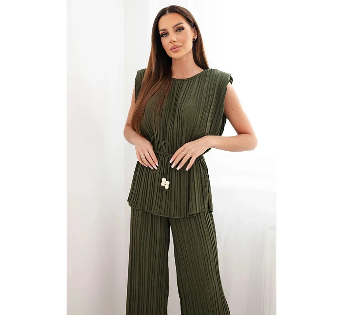 Dámský viskózový komplet s halenkou a širokými kalhotami khaki model 22048843 - K-Fashion
