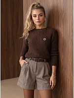 Sweter damski z warkoczowym splotem czekoladowy FashionStreet MY2674 Sweter damski z warkoczowym splotem czekoladowy FashionStreet MY2674