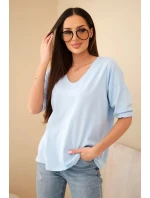 Dámská bavlněná blůza s výstřihem do V a dlouhým rukávem modrá