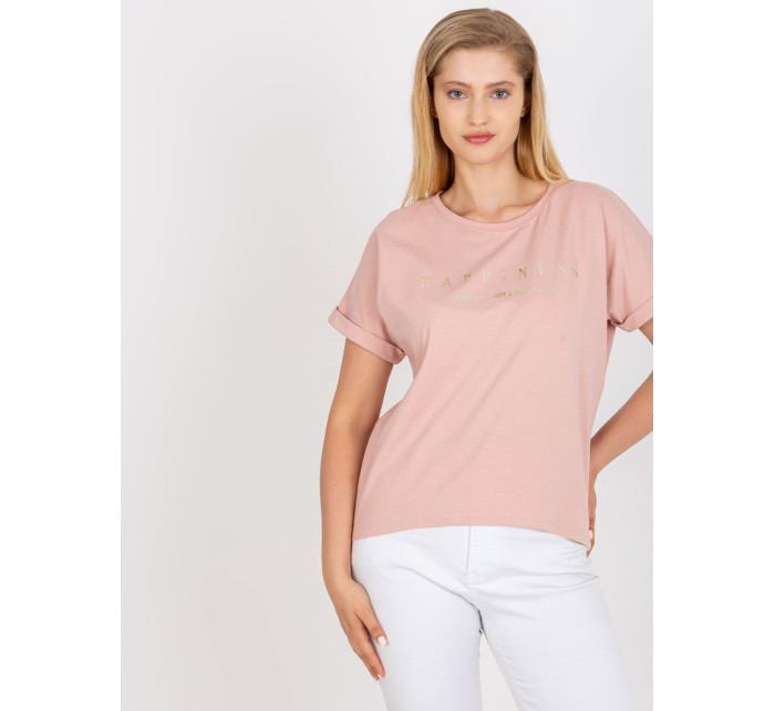 Prašně růžové bavlněné tričko plus size velikosti s potiskem