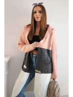 Pruhovaný svetr s kapucí pudrově růžový+grafit+ecru