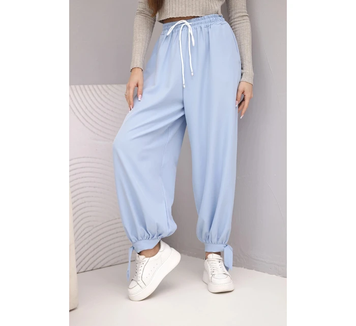 Dámské kalhoty s širokým nohavicím a zavazováním dole modré Dámské kalhoty s širokým nohavicím a zavazováním dole modré