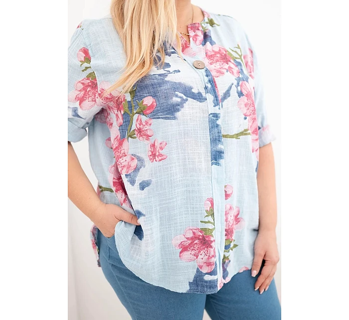 Dámská bavlněná halenka Plus Size s výstřihem do V s květinovým vzorem modrá