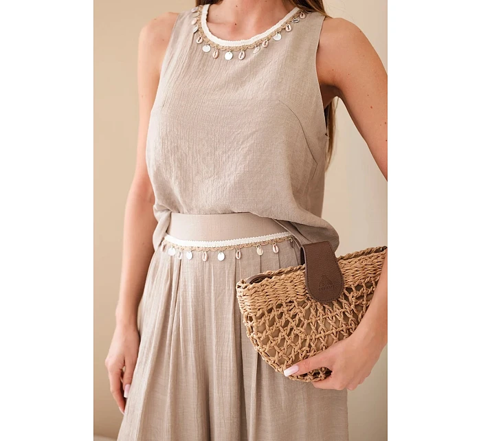 Dámský komplet s viskózou s model 22048795 bez rukávů a kalhotami se širokou nohavicí s ozdobným zakončením fango - K-Fashion