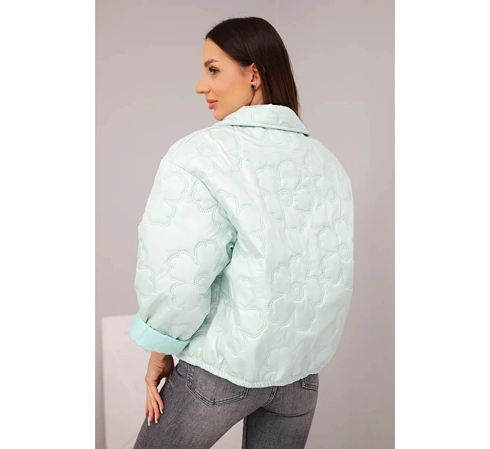 Dámská jarní prošívaná bunda s květinovým vzorem světle mátová