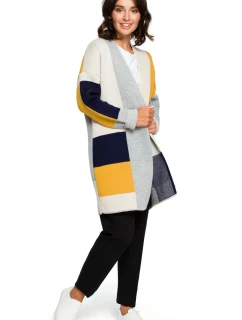 Dámský dlouhý svetr BK011 model 2 Béžovo-žluto-šedá - BEwear