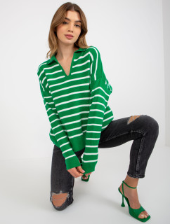 Zeleno-bílý oversize pruhovaný svetr s límečkem