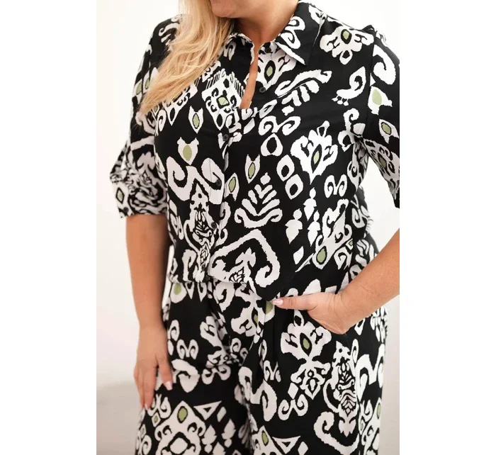 Dámská plus size viskózová souprava s geometrickým potiskem černý Dámská plus size viskózová souprava s geometrickým potiskem černý