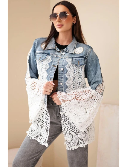 Dámská džínová bunda z bavlny a květinovou krajkou tmavě džínová