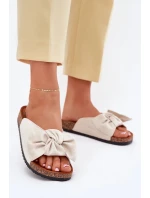 Dámské pantofle na korkové podešvi s mašlí – béžové