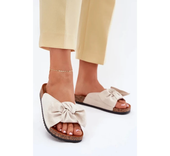 Dámské pantofle na korkové podešvi s mašlí – béžové