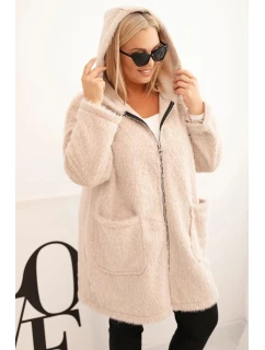 Dámský plášť Plus Size z viskózy se zapínáním na zip a kapucí béžový