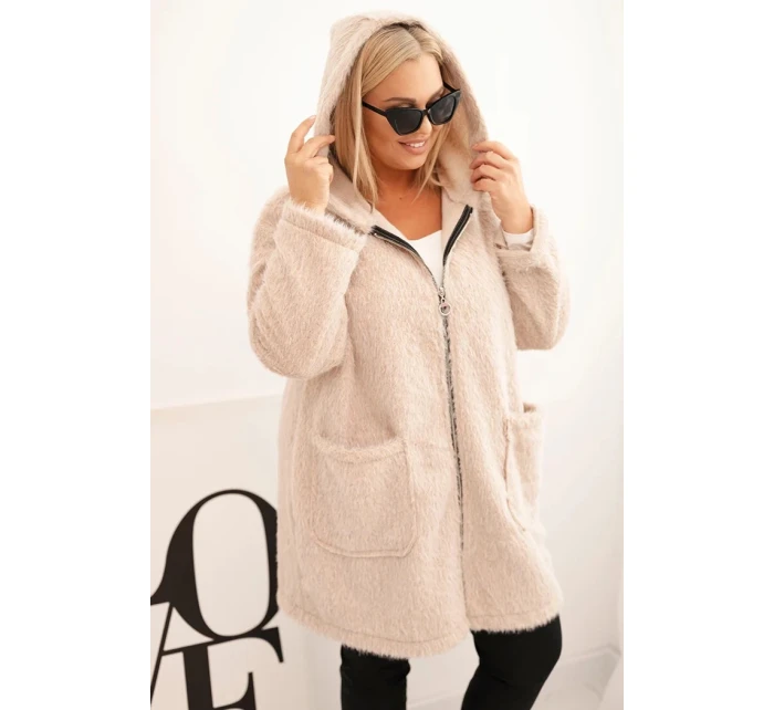 Dámský plášť Plus Size z viskózy se zapínáním na zip a kapucí béžový
