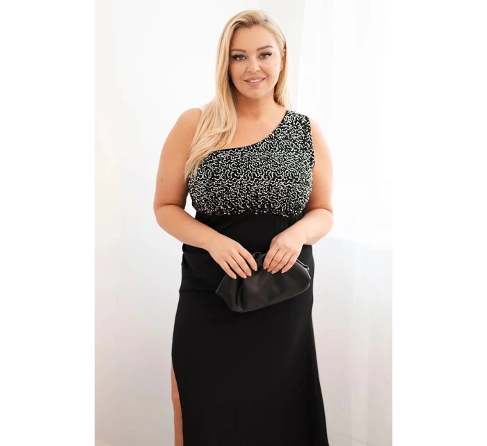 Dámské večerní šaty Plus Size na jedno rameno černý + stříbrný