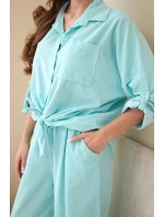 Dámský bavlněný komplet s uvázanou košilí a širokými nohavicemi mentolový Dámský bavlněný komplet s uvázanou košilí a širokými nohavicemi mentolový