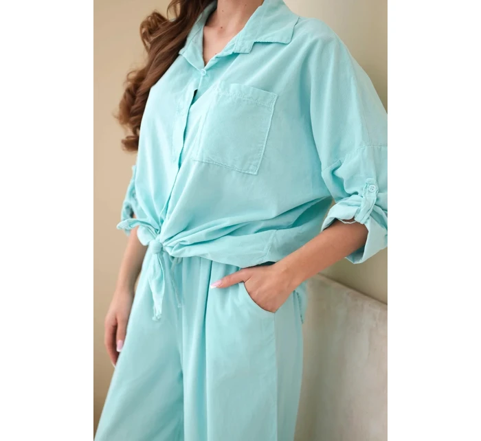 Dámský bavlněný komplet s uvázanou košilí a širokými nohavicemi mentolový Dámský bavlněný komplet s uvázanou košilí a širokými nohavicemi mentolový