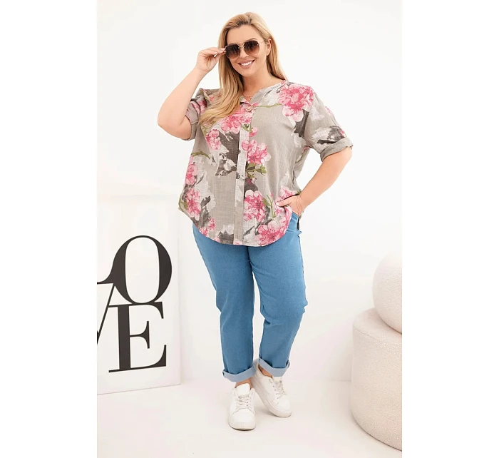 Dámská bavlněná halenka ve velikosti Plus s výstřihem do V v květinovém vzoru fango