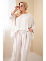 Dámský plus size viskózový komplet se širokými kalhotami a halenkou béžový