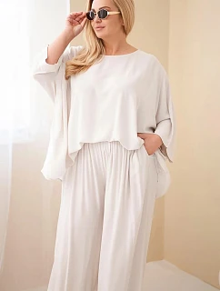 Dámský plus size viskózový komplet se širokými kalhotami a halenkou béžový