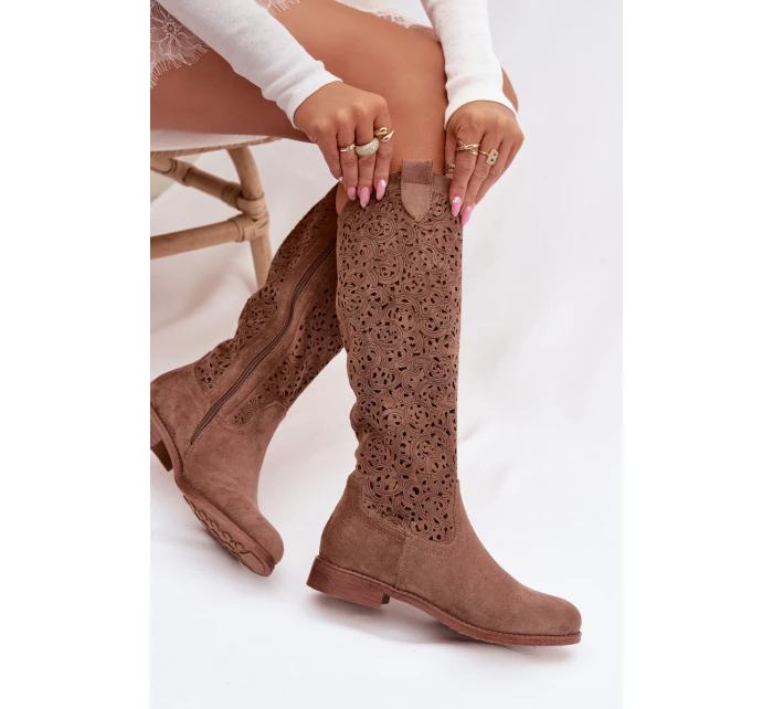 Dámské perforované kozačky na plochém podpatku S.Barski HY61-8023 Hnědé