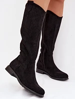 Dámské kozačky s otevřeným vzorem na nízkém podpatku S.Barski HY61-8022 Černé