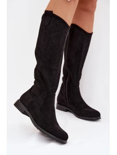 Dámské kozačky s otevřeným vzorem na nízkém podpatku S.Barski HY61-8022 Černé