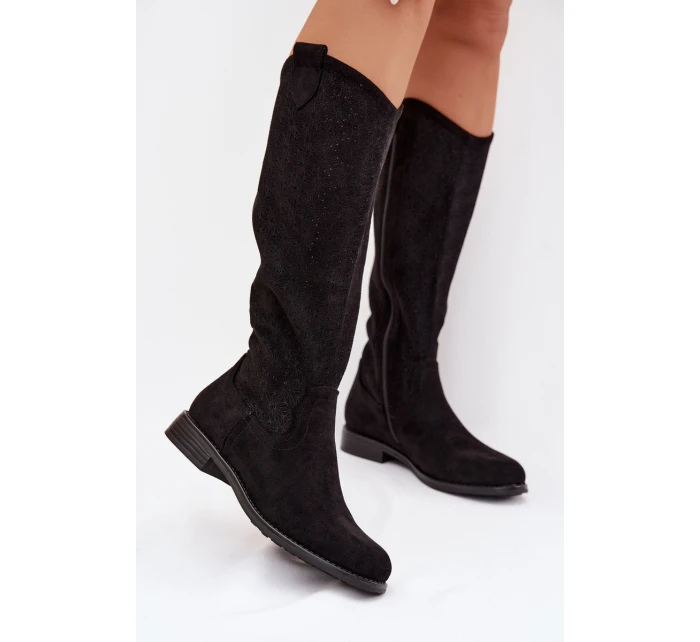 Dámské kozačky s otevřeným vzorem na nízkém podpatku S.Barski HY61-8022 Černé